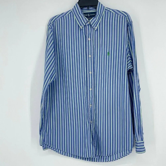 Ralph Lauren Shirt Men’s 16 Blue Green Stripe Custom Fit Button Down Long Sleeve - Picture 1 of 8